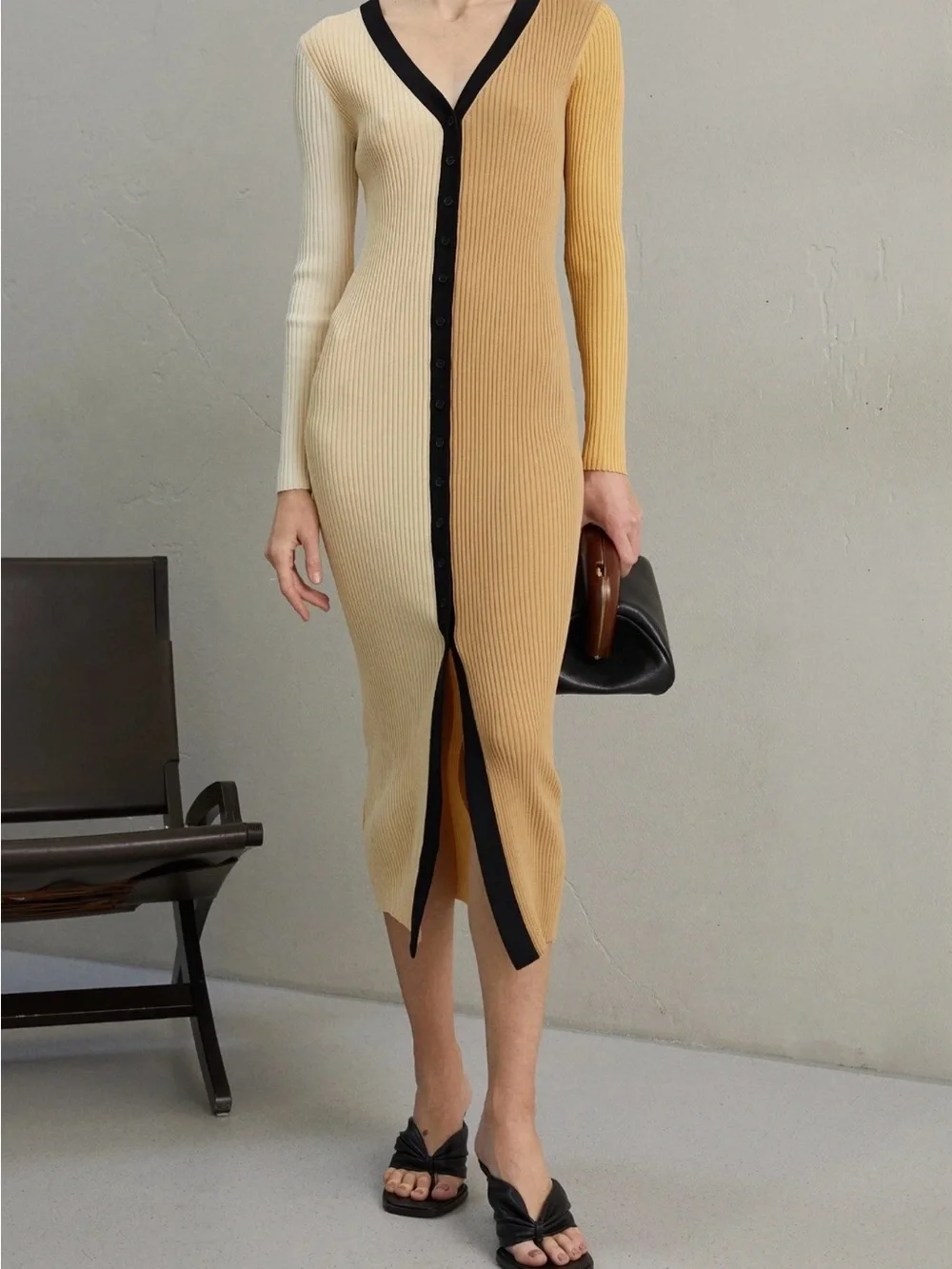 STAUD Two-Tone Ribbed Button-Front Midi Dress in Cream and Yellow - Picture 1 of 4